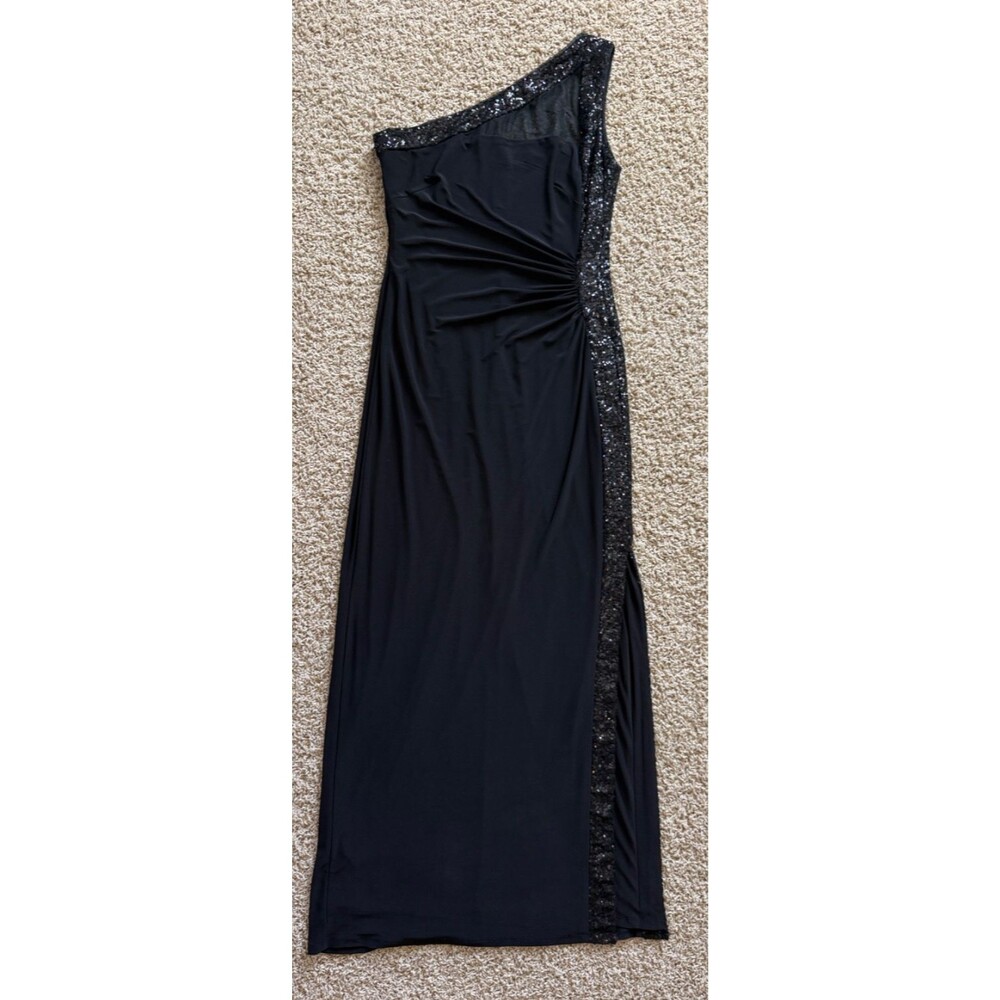 LAUREN RALPH LAUREN EVENING Black One Shoulder Ruched Dress Sequin Trim Size 8